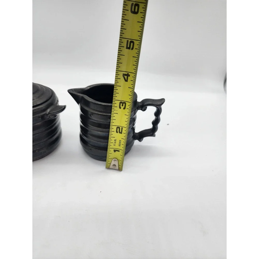 Vintage Japanese Red Ware Black Iridescent Ribbed Ceramic Sugar and Creamer Set